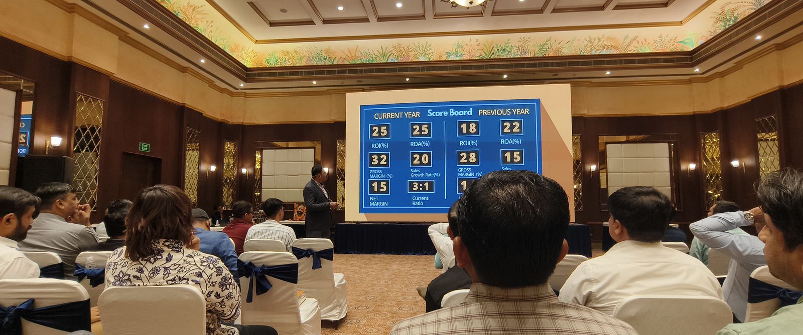 Parag Kakaiya presenting a business score board comparing current year and previous year ratios